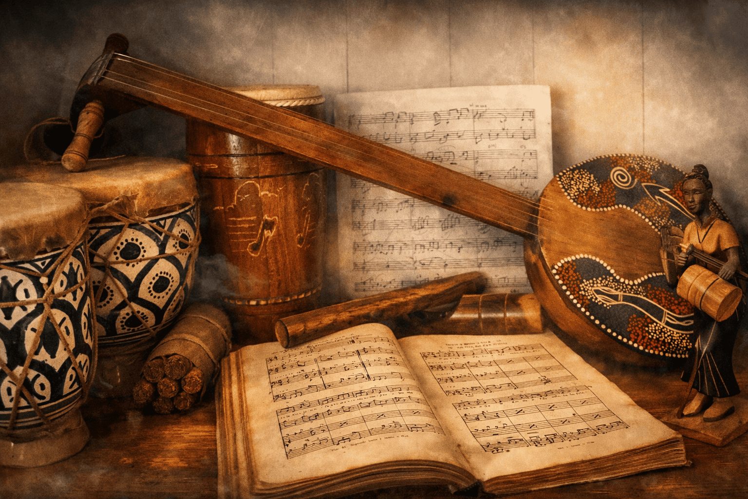 Instruments traditionnels et partitions musicales, ambiance chaleureuse et artistique