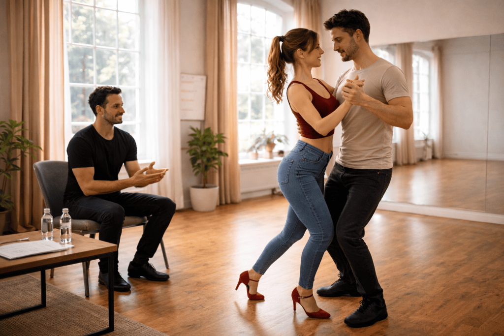 Cours particulier de salsa cubaine chez Urban Casino, avec un couple travaillant les appuis, la connexion et le guidage sous le regard attentif du professeur.