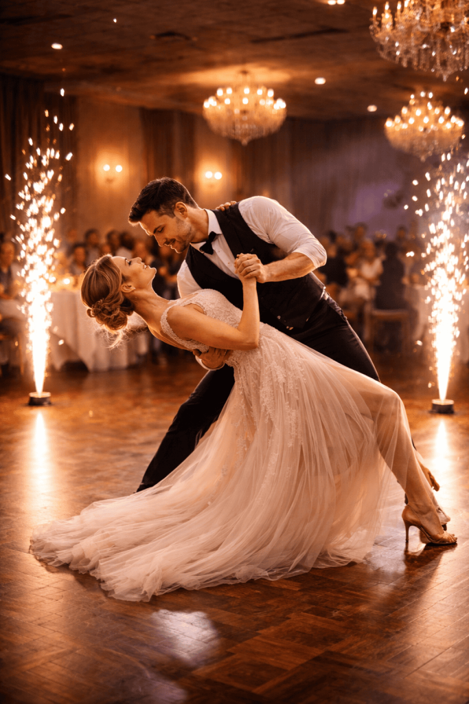 Couple de mariés exécutant une ouverture de bal avec un tombé élégant de la mariée sur la piste de danse.