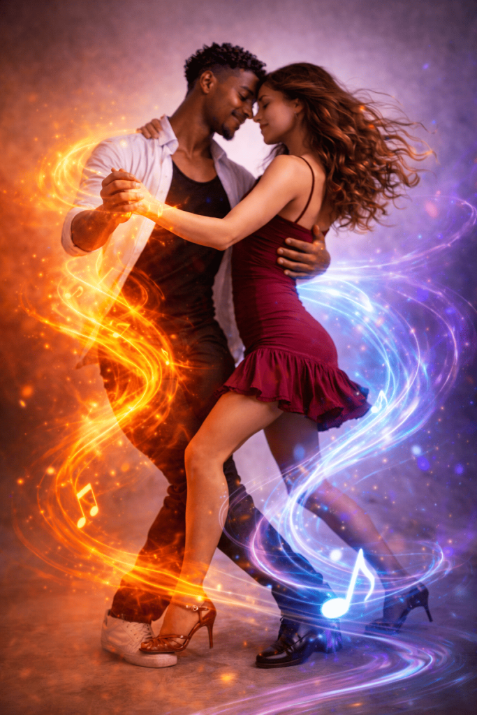 Couple de danseurs de salsa cubaine exprimant la liberté et l’émotion à travers un mouvement conscient, avec des flux colorés symbolisant la création et la compréhension corporelle