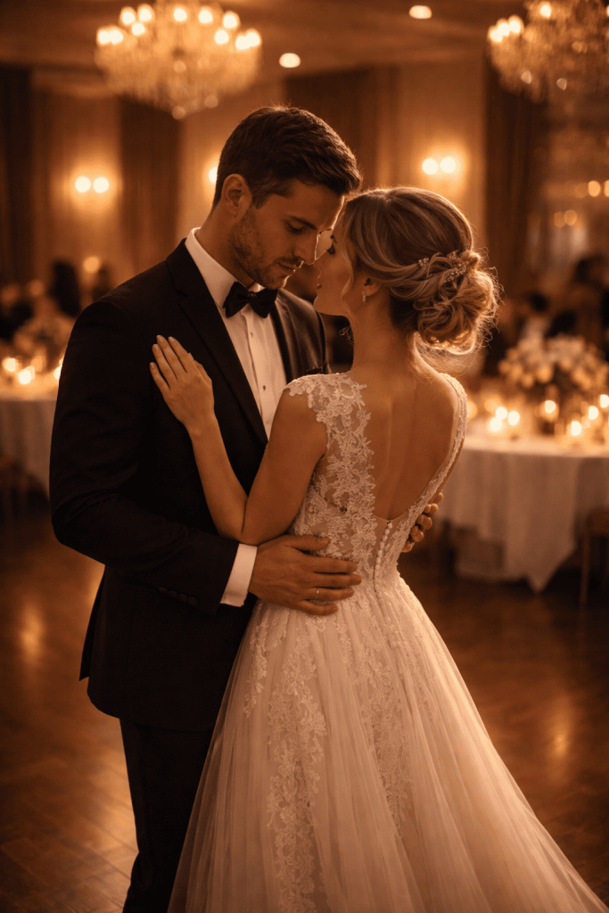 Couple de futurs mariés répétant une ouverture de bal dans une ambiance intime et élégante.